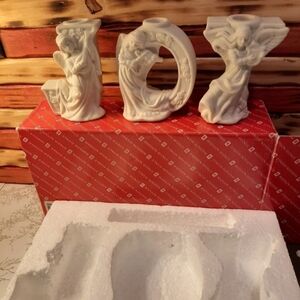 New 3 pc angel candle holder set ivory bisque Christmas